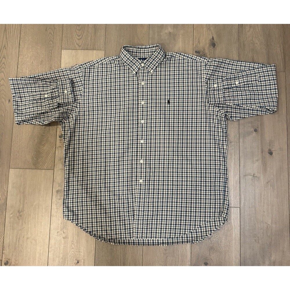 Vintage Polo Ralph Lauren Blake Shirt Mens XL Black Tan Blue Plaid Button Down
